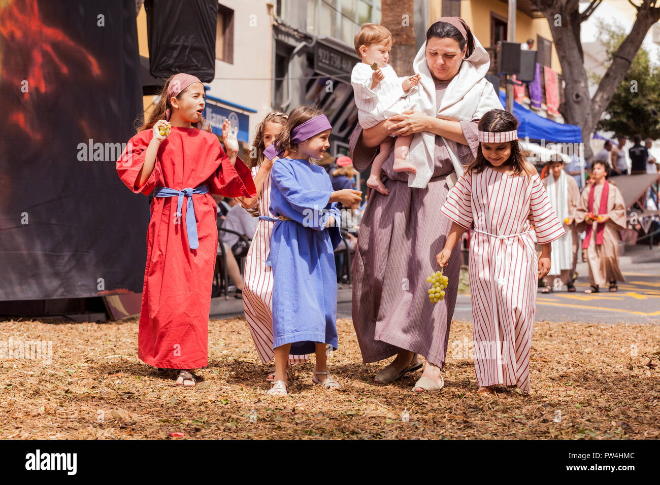 Some of the over 300 amateur actors who partake in the annual Passion Play in Adeje, Tenerife, Canary Islands, Spain. Representa Stock Photo