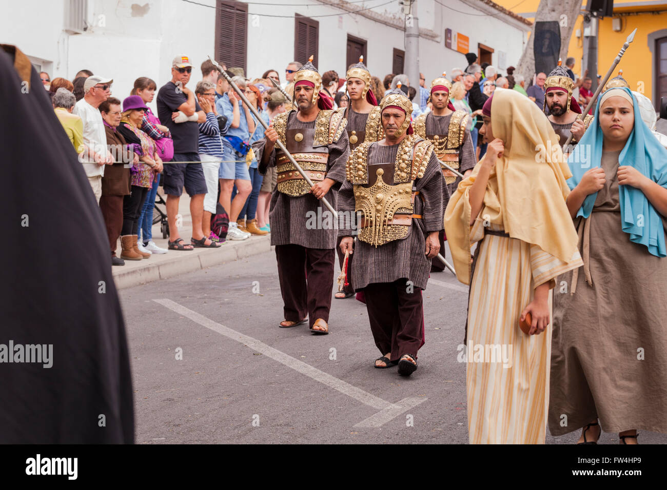 Some of the over 300 amateur actors who partake in the annual Passion Play in Adeje, Tenerife, Canary Islands, Spain. Representa Stock Photo
