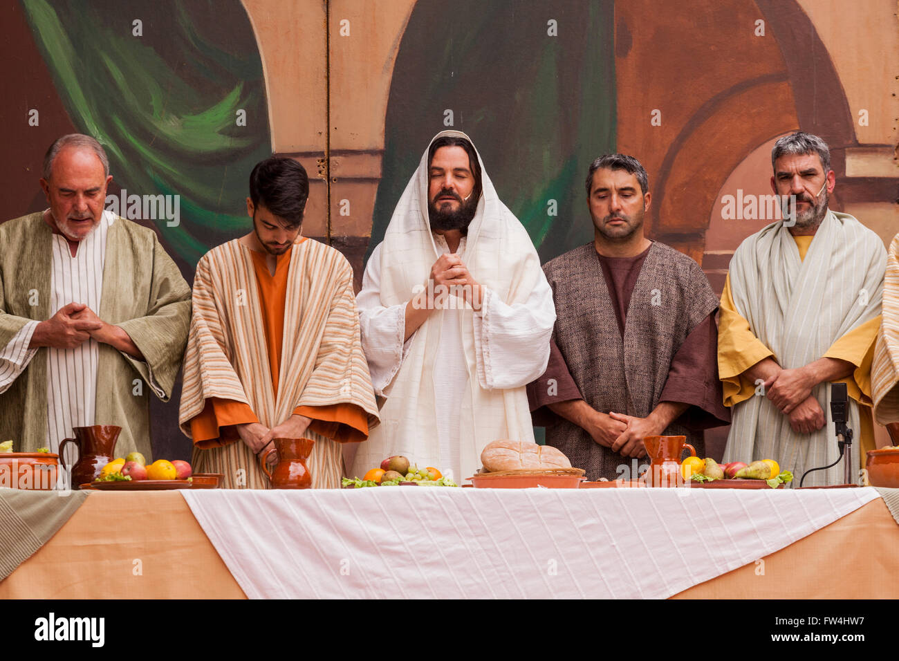 Jesus and the apostles at the last supper in the Passion play, Adeje, Tenerife, Canary Islands, Spain. Representacion de la Pasi Stock Photo