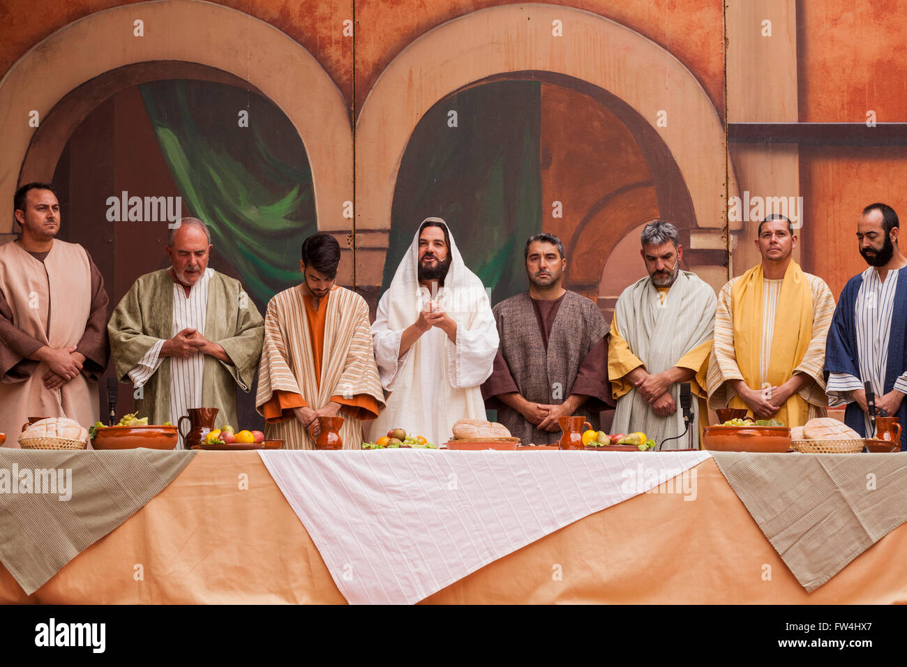 Jesus and the apostles at the last supper in the Passion play, Adeje, Tenerife, Canary Islands, Spain. Representacion de la Pasi Stock Photo