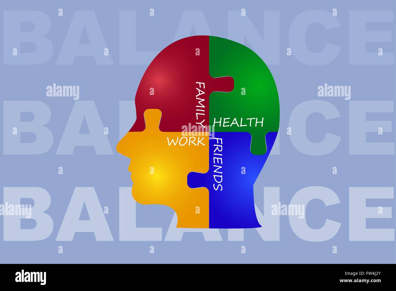 Puzzle head describing a parts of a work-life balance. Everything is on ...