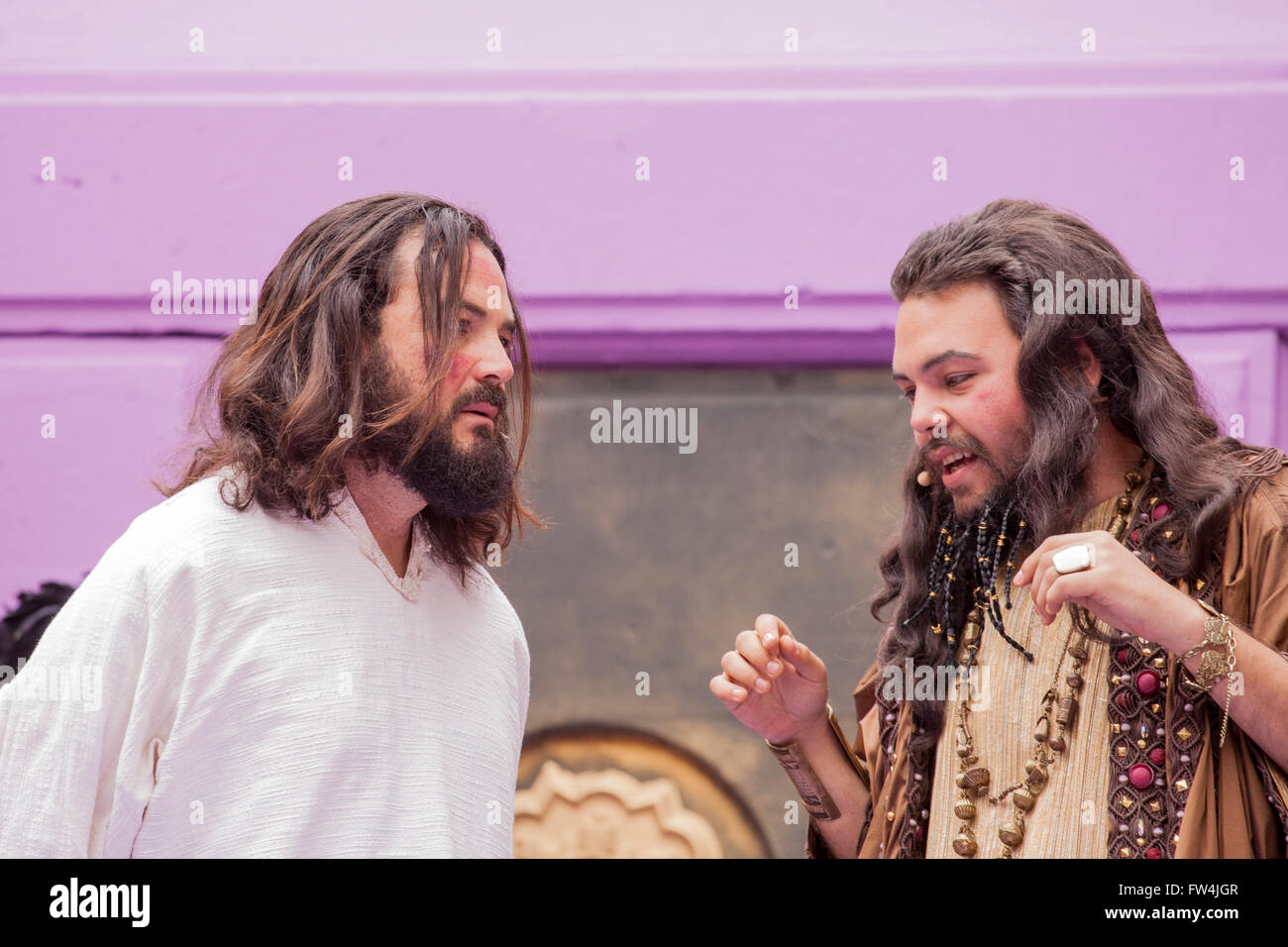 Herod taunts Jesus in the Passion play, Adeje, Tenerife, Canary Islands, Spain. Representacion de la Pasion. Adeje. 25 Marzo 201 Stock Photo