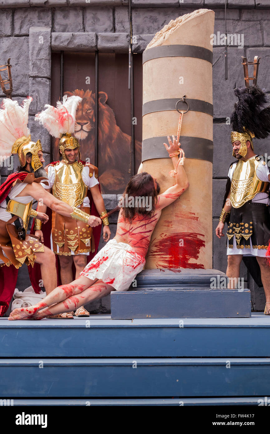 Roman soldiers whipping Jesus in the Passion play, Adeje, Tenerife, Canary Islands, Spain, Representacion de la Pasion. Adeje. 2 Stock Photo