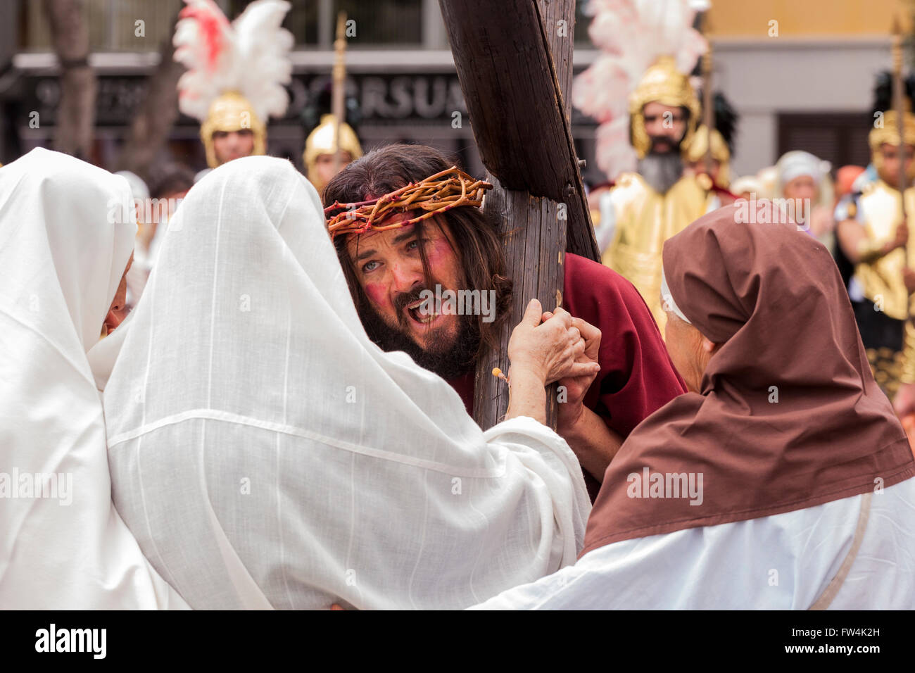 Jesus carrying the cross, Passion play, Adeje, Tenerife, Canary Islands, Spain, Representacion de la Pasion. Adeje. 25 Marzo 201 Stock Photo