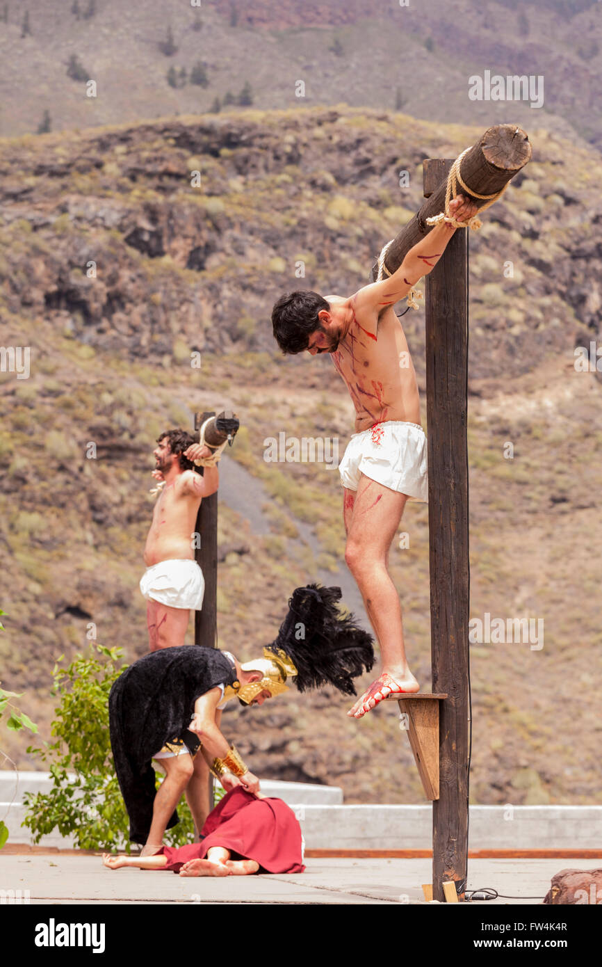 Jesus and the thieves crucified at Calvary, Passion play, Adeje, Tenerife, Canary Islands, Spain. Representacion de la Pasion. A Stock Photo