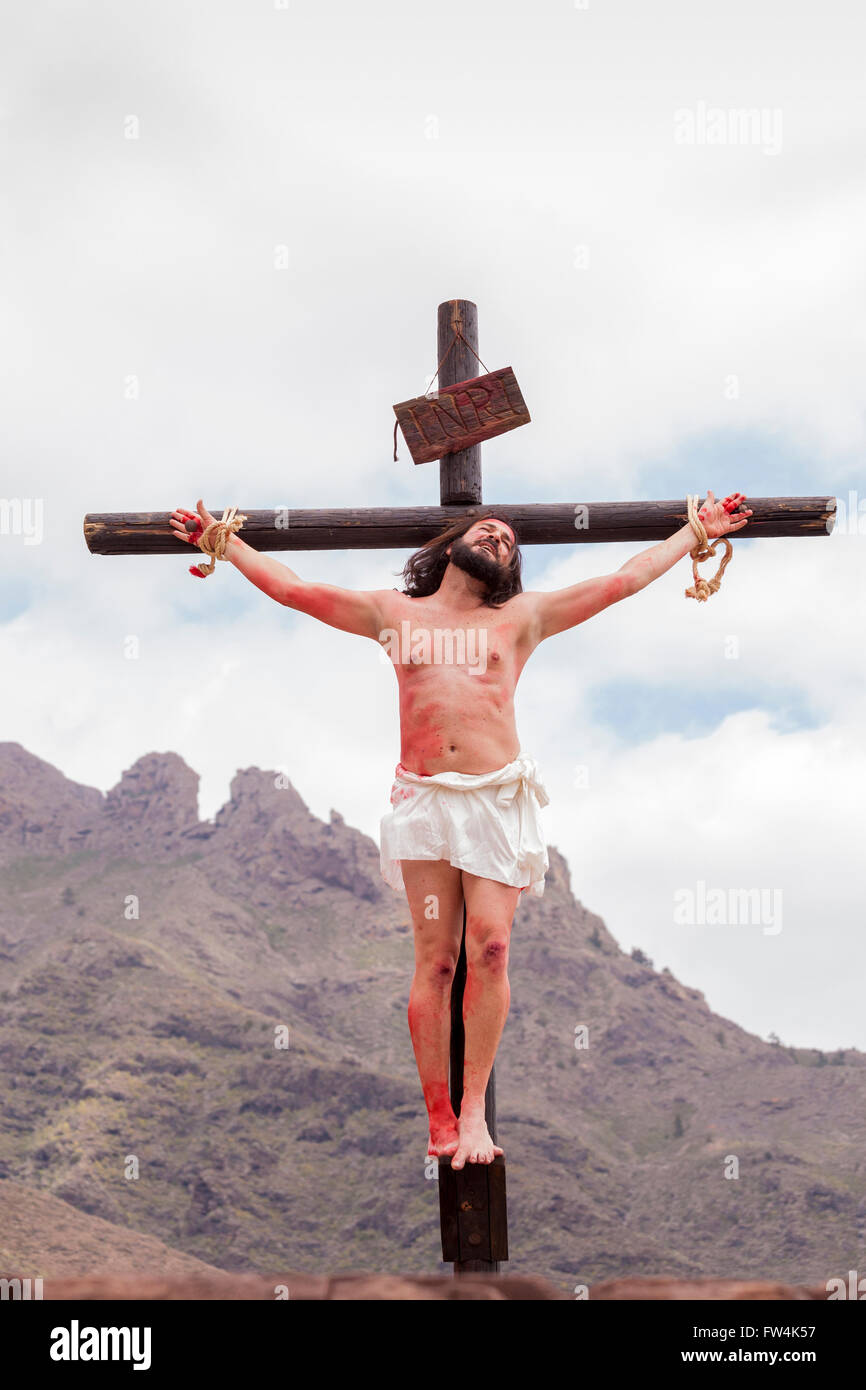 Jesus crucified at Calvary, Passion play, Adeje, Tenerife, Canary Islands, Spain. Representacion de la Pasion. Adeje. 25 Marzo 2 Stock Photo
