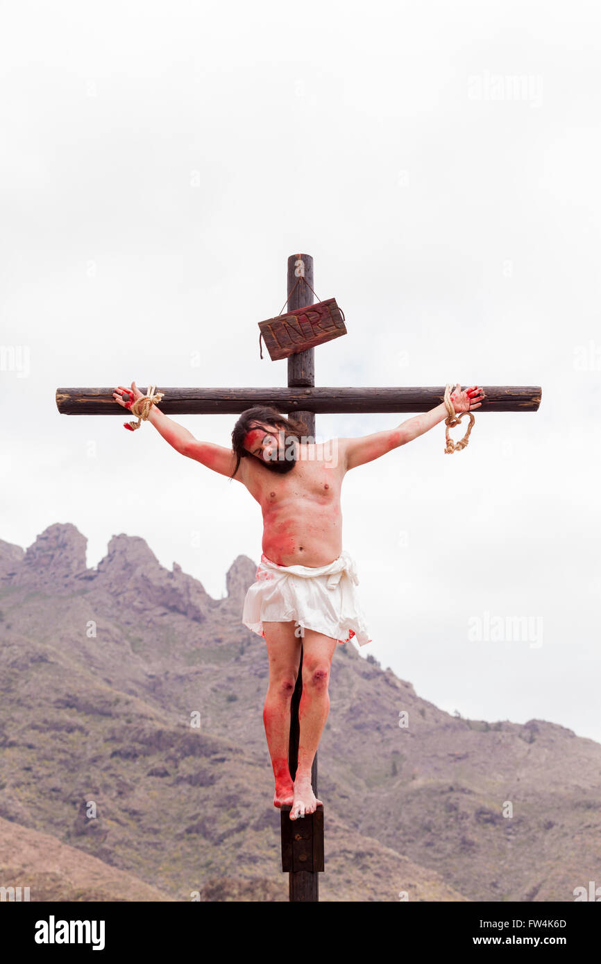 Jesus crucified at Calvary, Passion play, Adeje, Tenerife, Canary Islands, Spain. Representacion de la Pasion. Adeje. 25 Marzo 2 Stock Photo