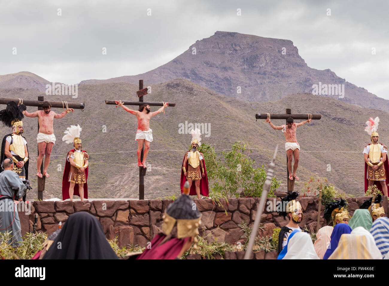 Jesus and the thieves crucified at Calvary, Passion play, Adeje, Tenerife, Canary Islands, Spain. Representacion de la Pasion. A Stock Photo