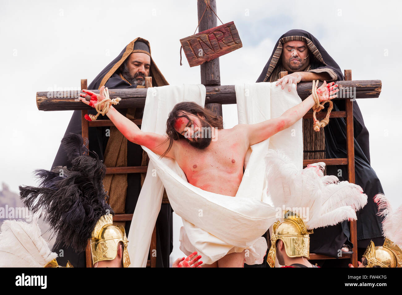 Jesus is taken down from the cross at Calvary, Passion play, Adeje, Tenerife, Canary Islands, Spain. Representacion de la Pasion Stock Photo