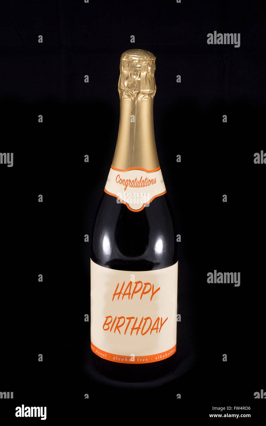 Champaign bottle with text Congratulations and Happy Birthday Stock Photo