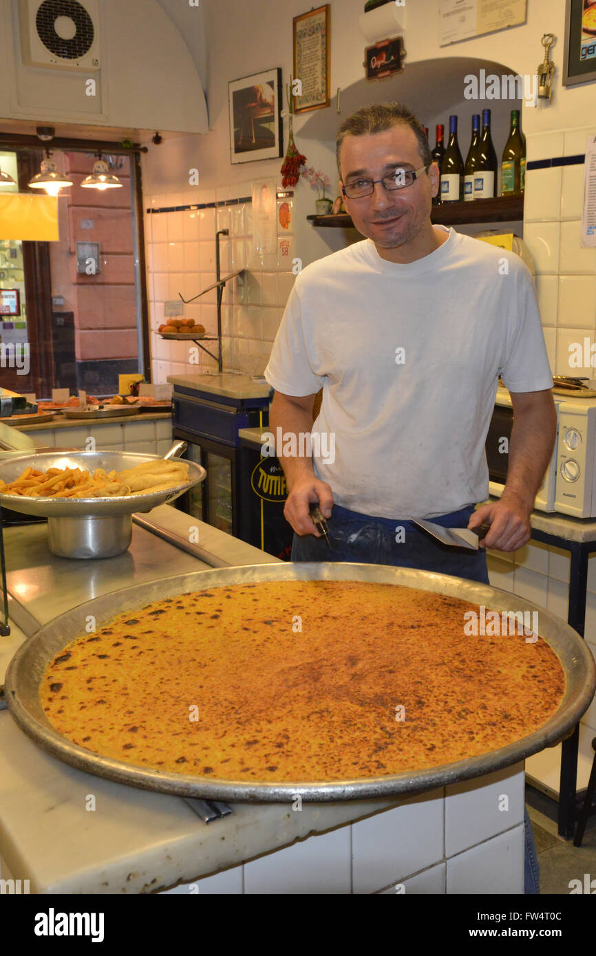 Sciamadda, typical restaurant, Farinata preparation, Genoa, Ligury, Italy, Europe Stock Photo