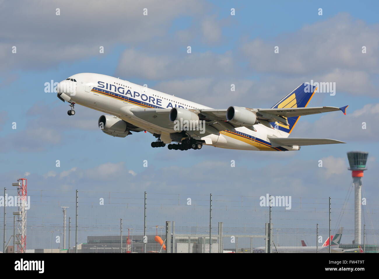 Singapore Airlines Airbus A380-800 9V-SKE departing from London Heathrow Airport, UK Stock Photo