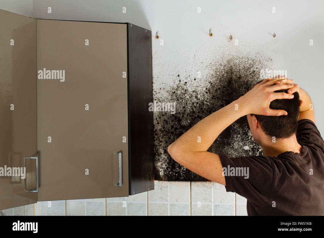 Man shocked to mold a kitchen cabinet. Stock Photo
