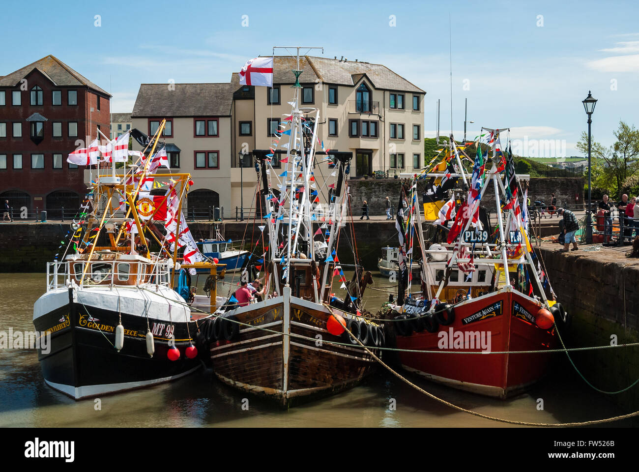 MT99 Golden Fleece, CT131 Frey and PL39 Venture again in dock before the race, Maryport, Cumbria Stock Photo