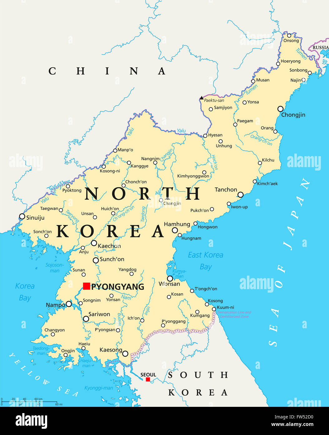 North Korea political map with capital Pyongyang, national borders, important cities, rivers and lakes. English labeling. Stock Photo