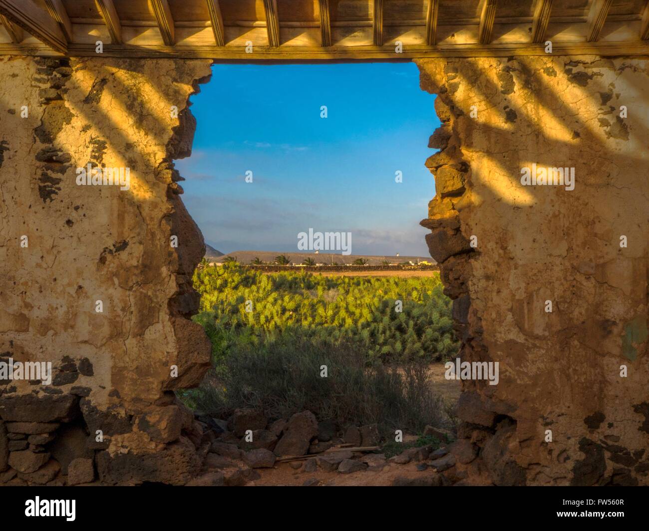 View from ruin in La Oliva in Fuerteventura the Canary-Islands in Spain Stock Photo