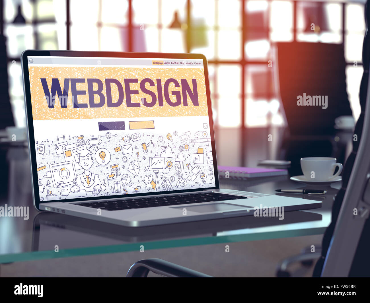 Webdesign on Laptop in Modern Workplace Background. Stock Photo
