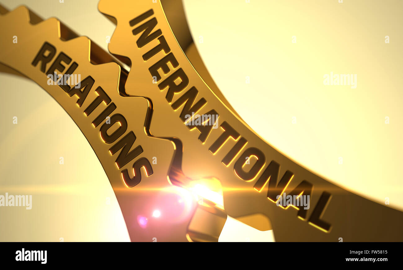 International Relations Concept. Golden Gears. Stock Photo