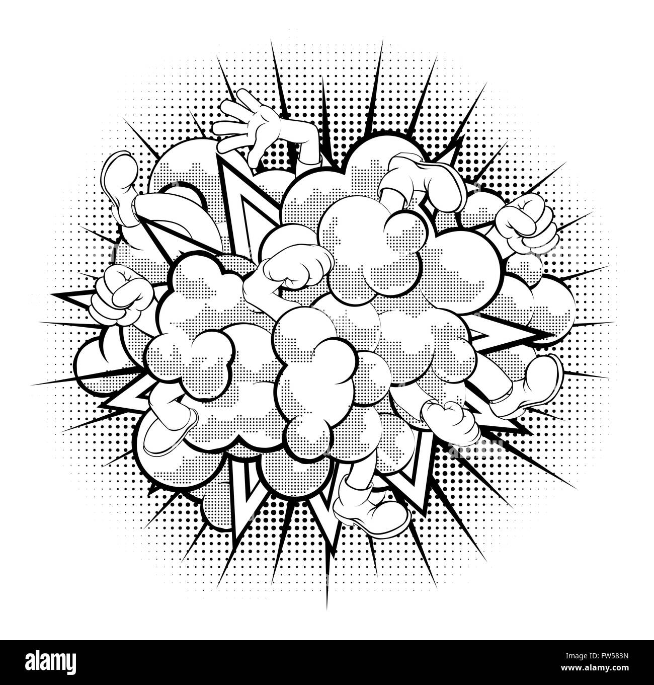 A black and white half-tone shaded comic book or cartoon dust cloud fight Stock Photo