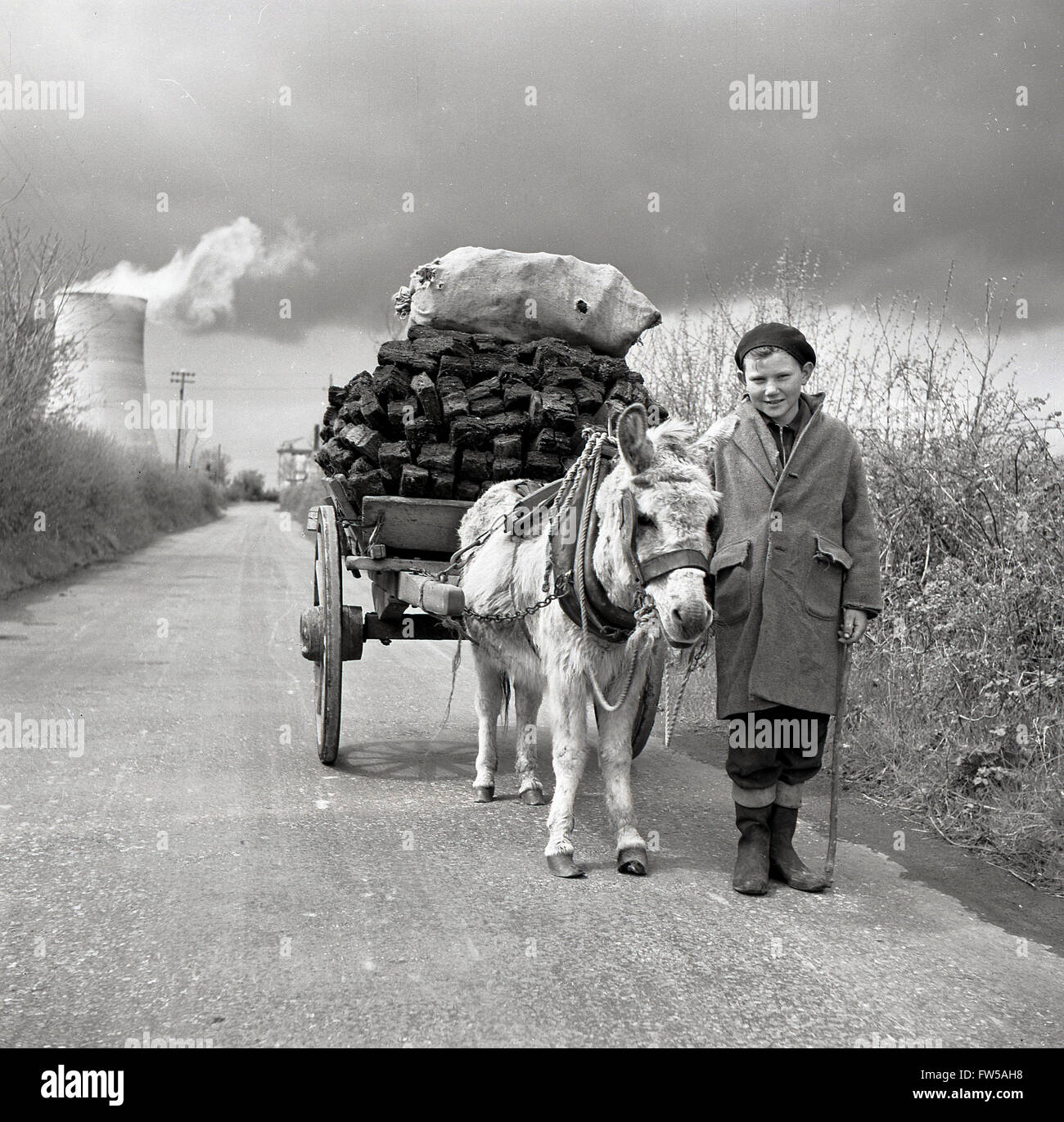 1950s, historical picture by J Allan Cash, of a young Irish lad with a pony and cart loaded with peat on a country lane in the rural west of Ireland. Peat or turf has been harvested from the the bogs in Ireland for centuries to be used as fuel for winter heating. Stock Photo
