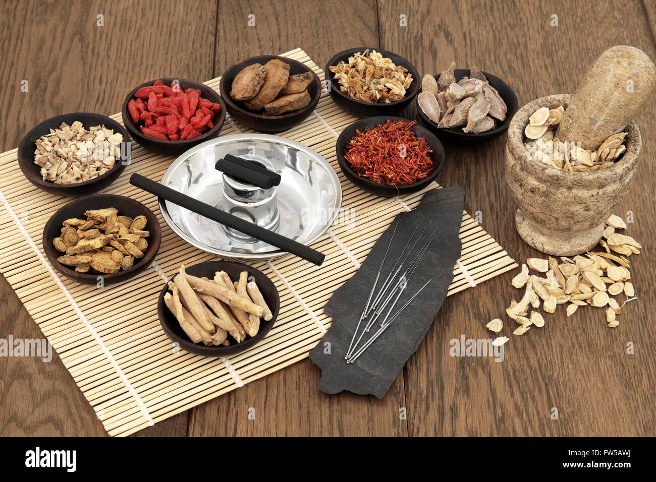 Acupuncture needles, moxa sticks, traditional chinese herbs for herbal medicine and mortar with