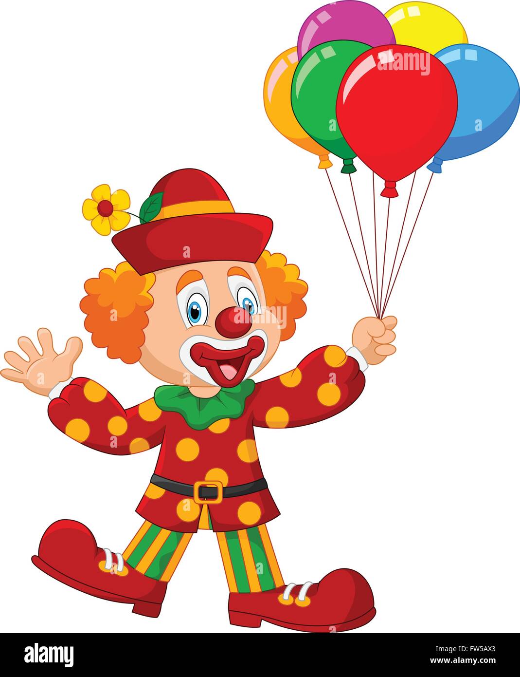Adorable clown holding colorful balloon isolated on white background ...