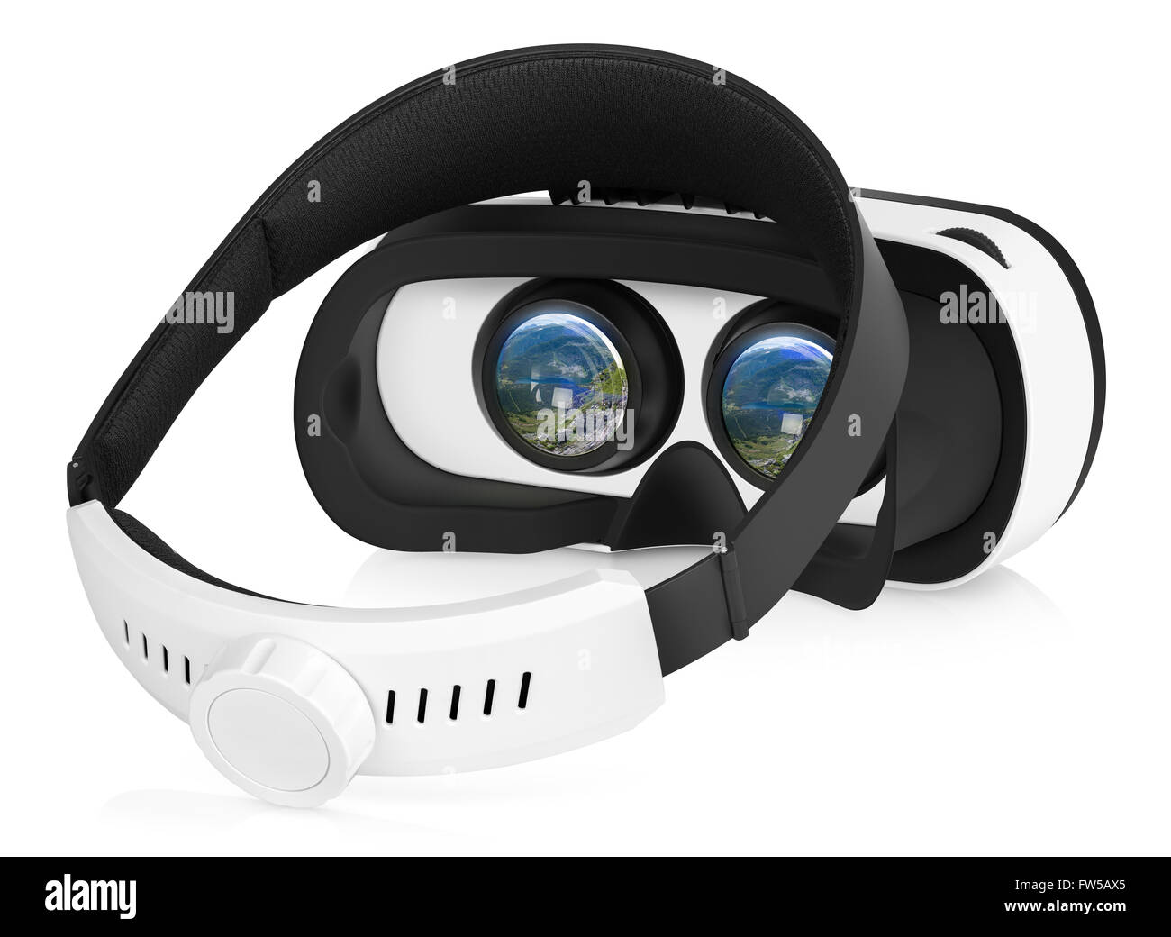 Half turned back view of VR virtual reality headset with switched-on displays. VR is an immersive experience. Stock Photo
