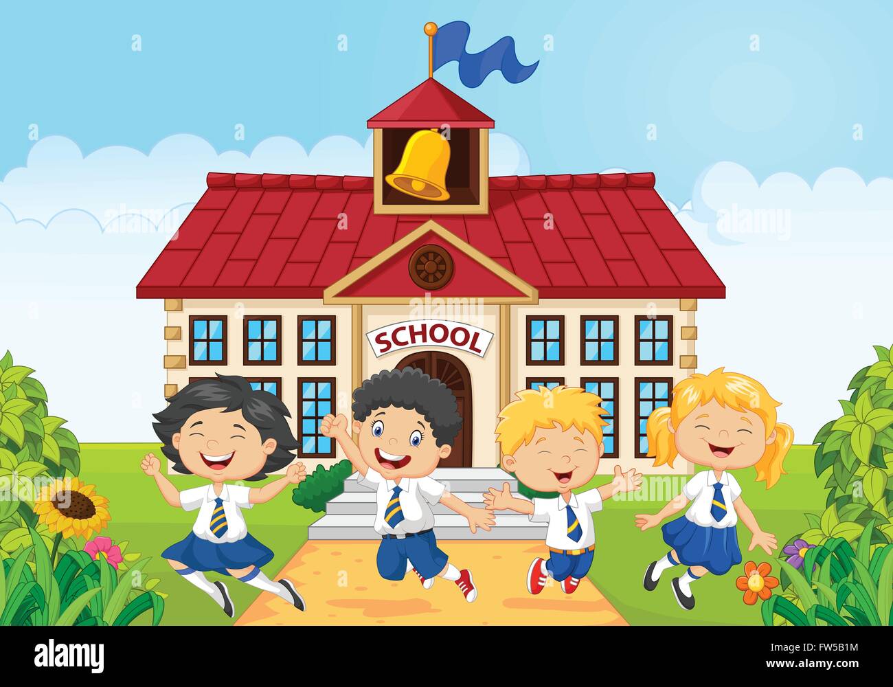 Children school jumping together on school building background Stock Vector