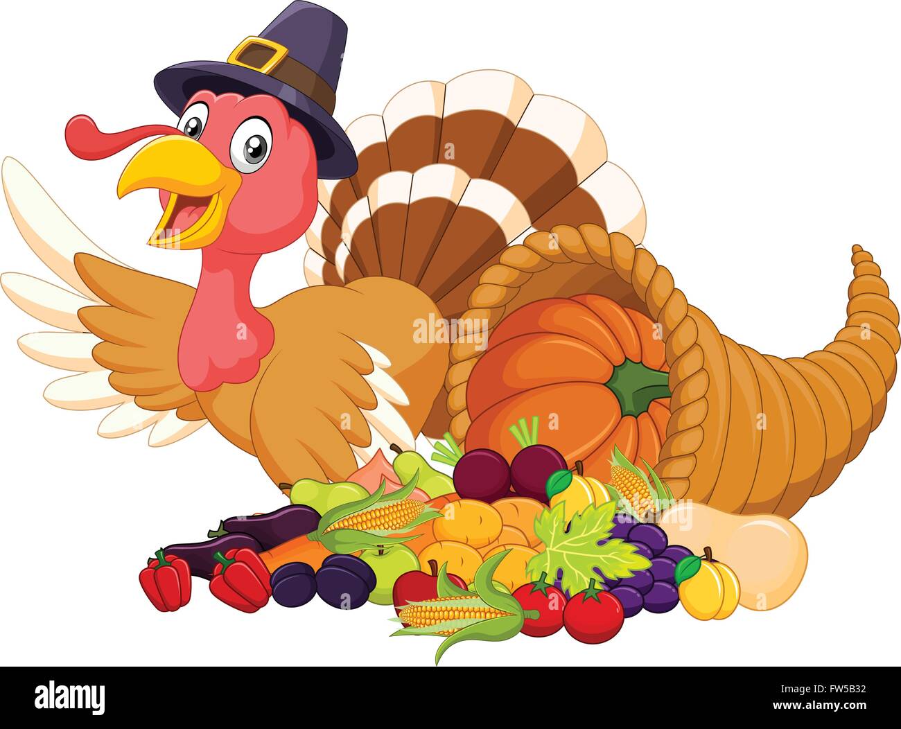 Cartoon turkey with horn of plenty isolated on white background Stock Vector