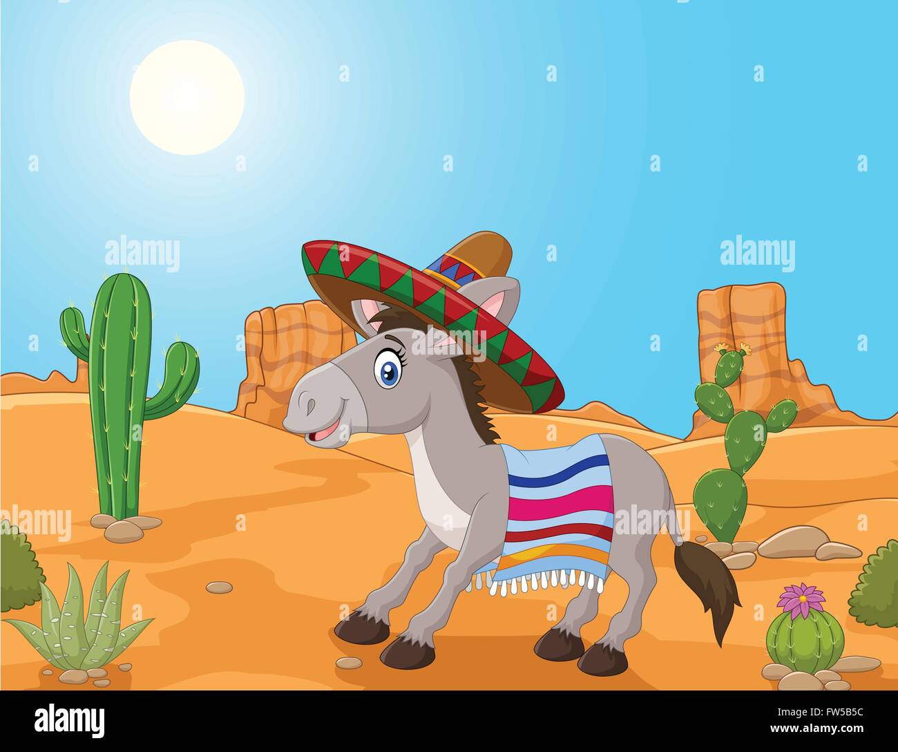 Mexican donkey wearing a sombrero and a colorful blanket. Stock Vector