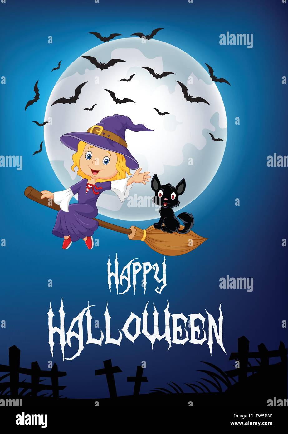 Little witch and a black cat flying on broomstick with full moon ...