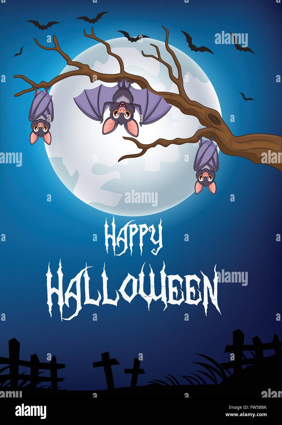 Halloween background with bat cartoon sleeping and hanging on a tree ...