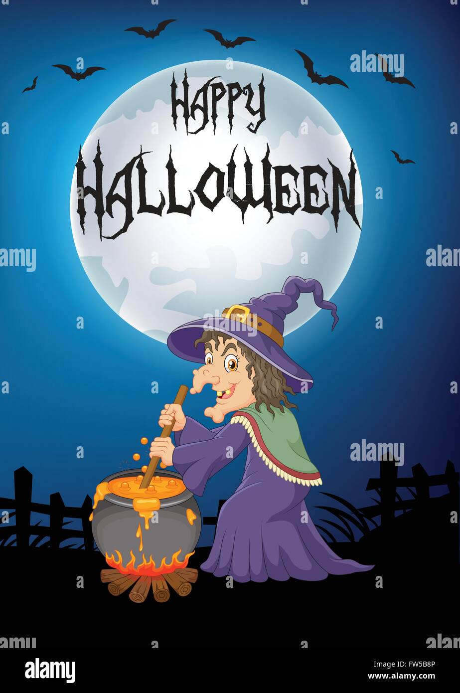 The ugly witch is stirring the potion with big moon background Stock Vector