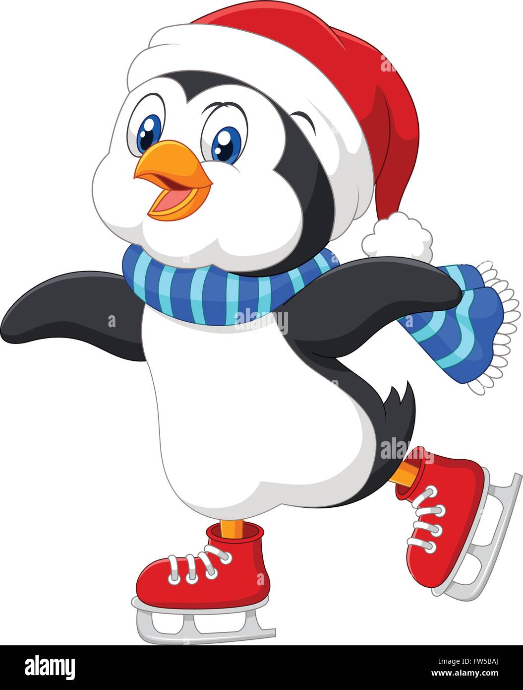 Cute cartoon penguin doing ice skating isolated on white background