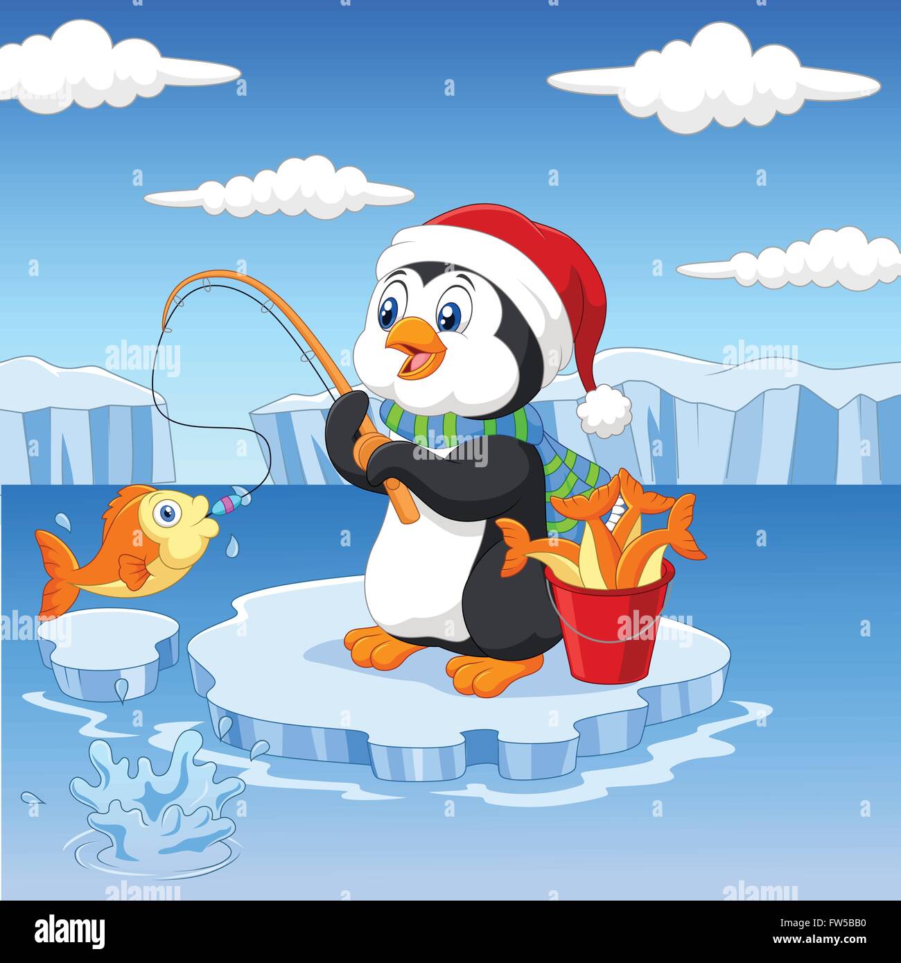 Cartoon penguin fishing on the ice Stock Vector