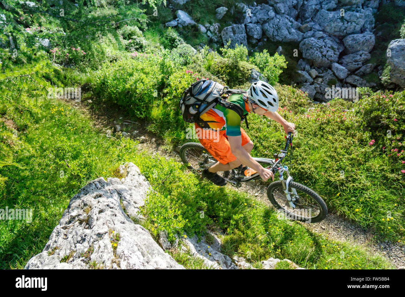 Top view shot of a mountain biker riding a single trail in the mountains Stock Photo
