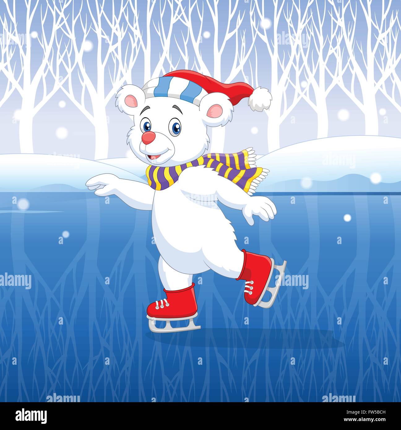 Cute cartoon polar bear ice skating with winter background Stock Vector ...