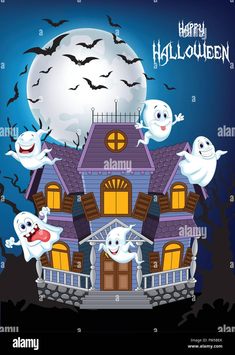 Cartoon Scary Halloween House With Funny Ghosts Stock Vector Image Art Alamy