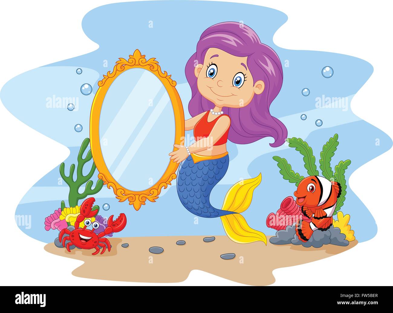 Cartoon funny mermaid holding a classic mirror with sea animal Stock ...