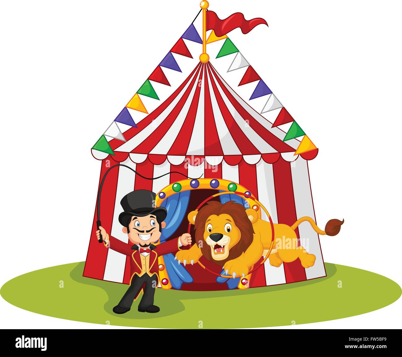 Cartoon lion jumping through ring with circus tent background Stock Vector