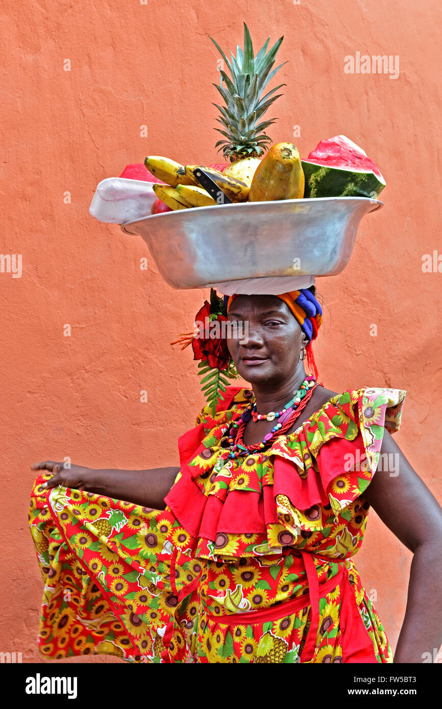 Palenquera woman sell fruits in Cartagena ,Colombia Stock Photo