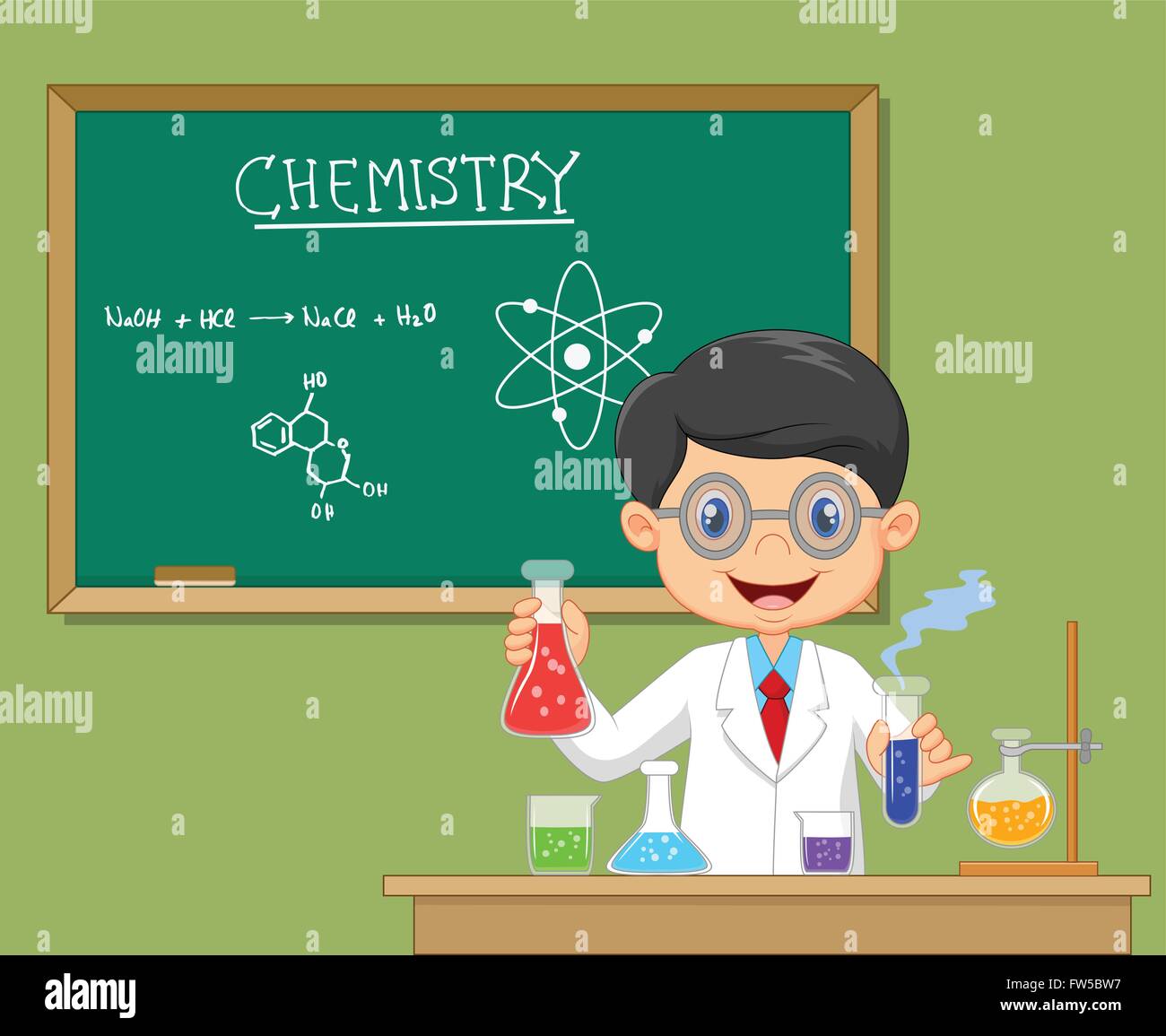 Cartoon scientist boy in lab coat with chemical glassware Stock Vector  Image & Art - Alamy