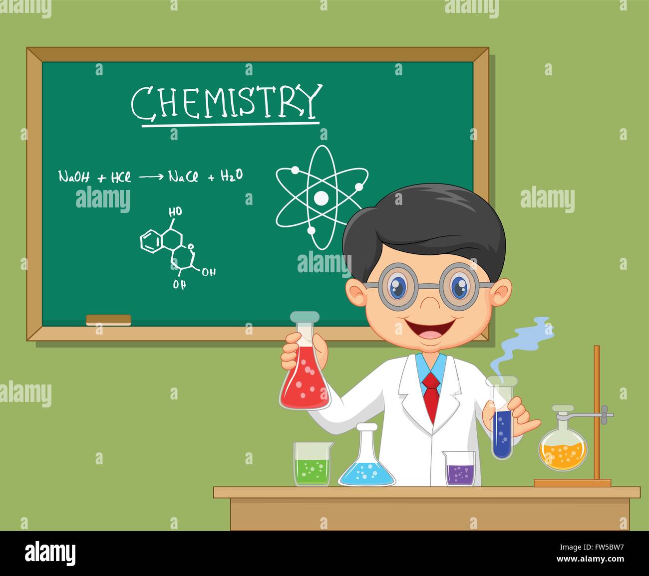 Cartoon scientist boy in lab coat with chemical glassware Stock Vector