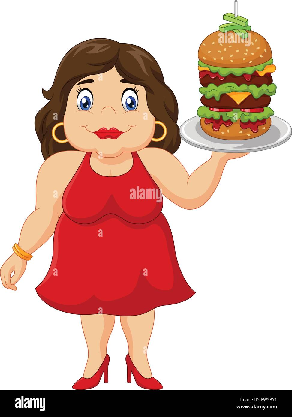 Cartoon overweight woman holding fast food Stock Vector