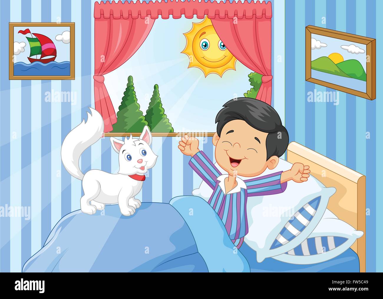 Cartoon Little boy waking up and yawning Stock Vector