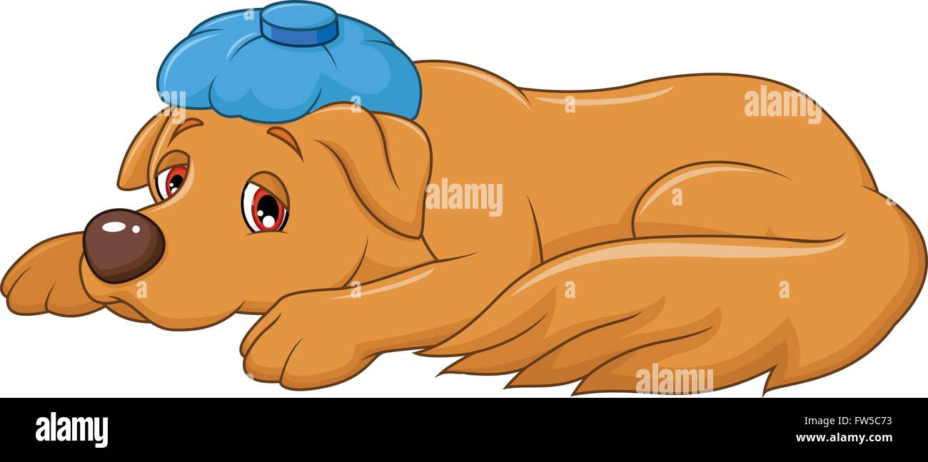 Cartoon sick dog with ice bag, isolated on white background Stock Vector