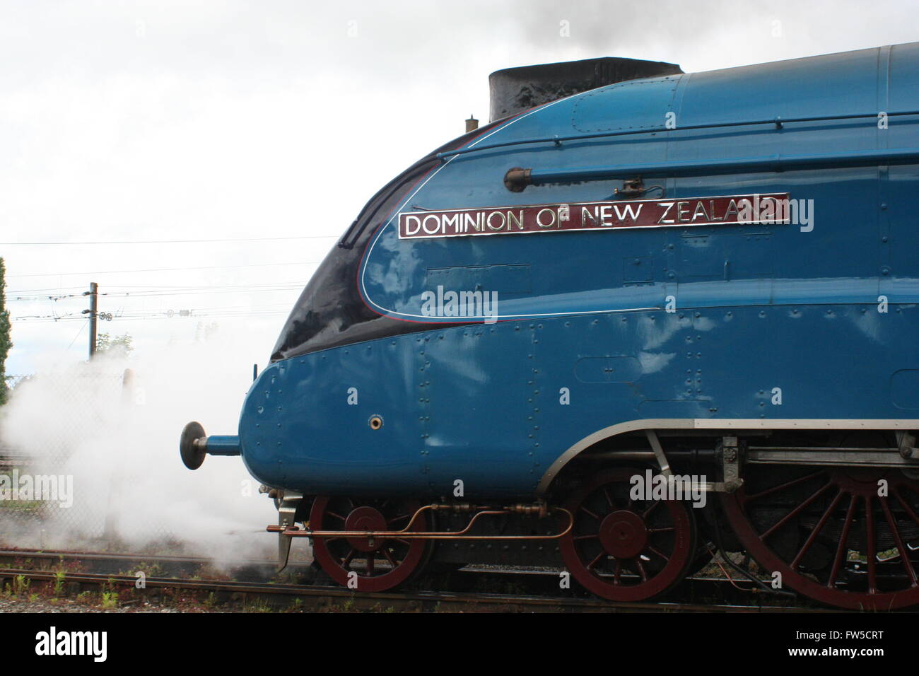 Dominion of New Zealand stands in steam in York North yard outside the National Railway Museum Stock Photo
