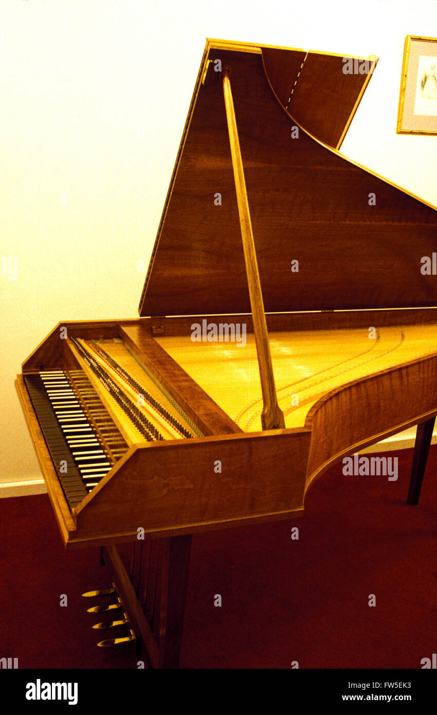 Harpsichord with lid up, showing Keyboard and Strings. Built by Robert