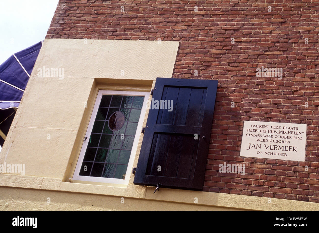 Plaque on Jan Vermeer's birth house in Delft, Holland. Dutch painter born 1632. Stock Photo