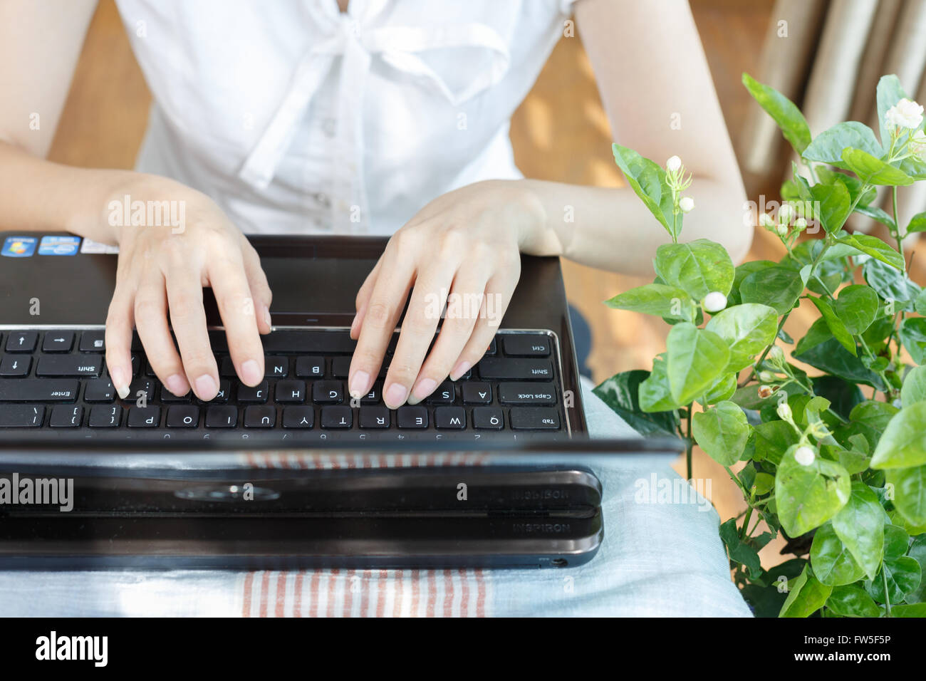 A pair of women's hands are tapping the keyboard Stock Photo